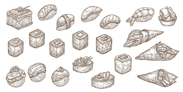 Sushi, sashimi i skecz o wektorach. Nigiri, maki japońskie grawerowane owoce morza. Uramaki i inari, sushi gunkan lub temaki z łososiem, ryżem i krewetkami. Wodorosty morskie, tuńczyk, kawior i awokado - Wektor, obraz