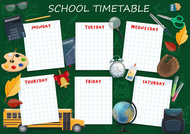 Koulun aikataulu, vektori. Opiskelija viikon luokat järjestäjä oppikirja, keltainen bussi ja kello, maapallo ja herätyskello, lehdet ja luonnos liitutaulu. Koulun aikataulu koulutuksen aikataulu malli - Vektori, kuva