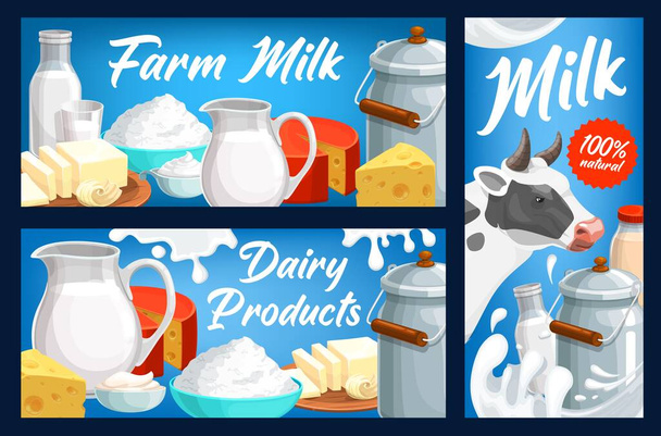 酪農と牛乳農場製品ベクトルバナー。ガラス投手で全体の牛のミルク,ボトルとすることができます,コテージとスイスのチーズ,スライスしたバターやマーガリン,ボウルにサワークリームやヨーグルト.フードポスター - ベクター画像