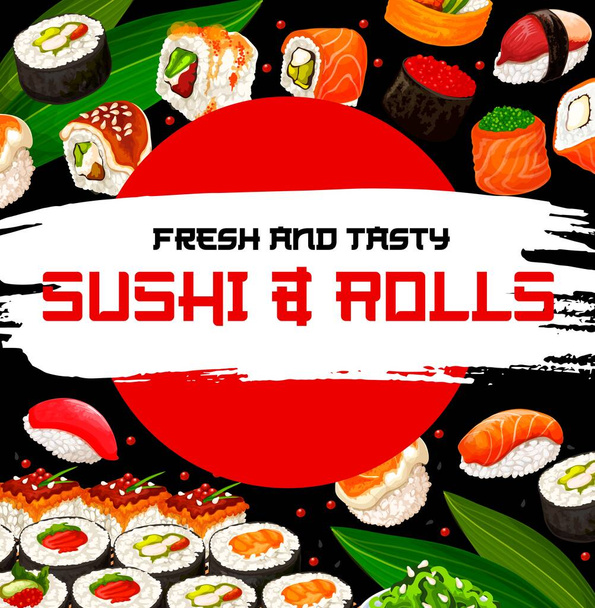 Sushi rollos de comidas con maki y nigiri sushi. Vector. Filadelfia y California rollos, nigiri y gunkan, hokkigai y oshi con huevas de salmón, atún crudo y mariscos de algas marinas. Banner de barra de sushi
 - Vector, imagen