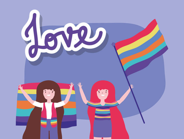 Stolz Parade lgbt Gemeinschaft, Menschen mit Regenbogenfahnen lieben Freiheitsrechte - Vektor, Bild