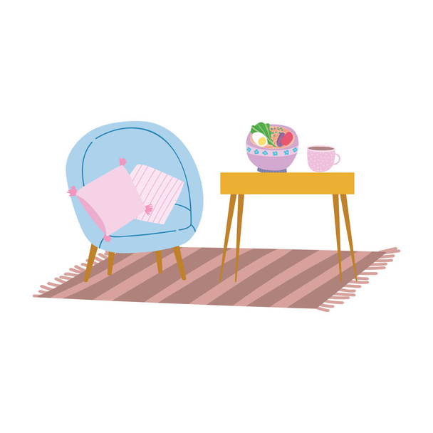 フード&コーヒーカップ付きのホームチェアカーペットテーブル - ベクター画像