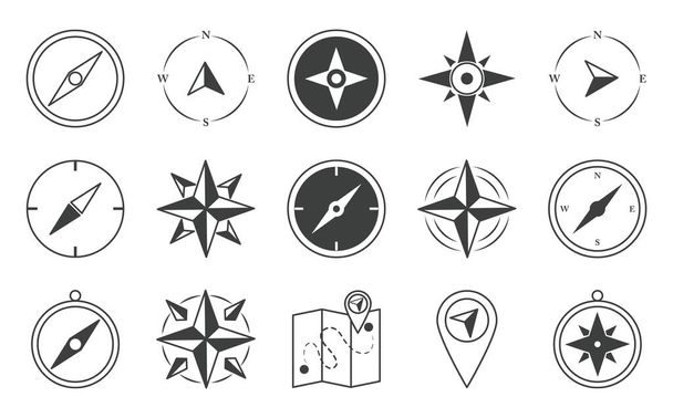 iránytű rózsa navigáció térképészet utazás felfedezni berendezések ikonok beállított vonal tervezés ikon - Vektor, kép