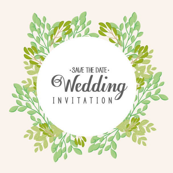 ευχετήρια κάρτα, κυκλικό πλαίσιο με κλαδιά και φύλλα, πρόσκληση γάμου με κλαδιά και διακόσμηση φύλλων - Διάνυσμα, εικόνα