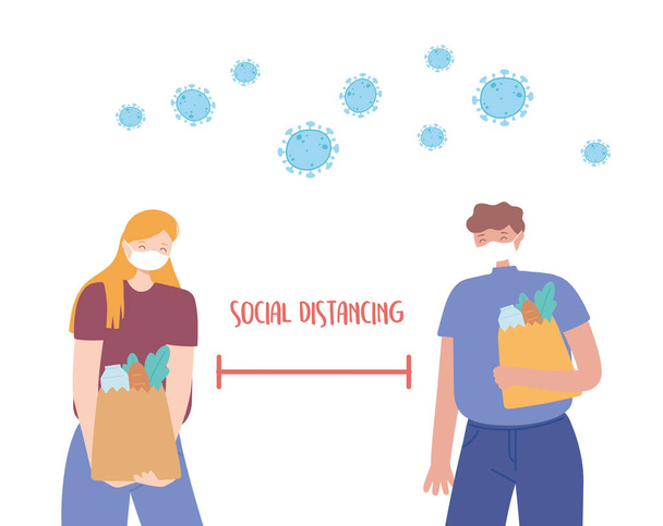 covid 19 coronavirus social distancing prevention, man and woman with face mask holding grocery bags keeping distance - Vector, Image