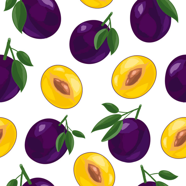 Juicy fresh plums. Fruit Slices. Summer seamless pattern. Vector illustration isolated on white background. - Vektor, kép