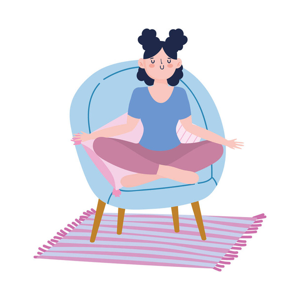остаться дома, девушка в медитации йога поза на стуле, самоизоляция, деятельность в карантине для коронавируса
 - Вектор,изображение