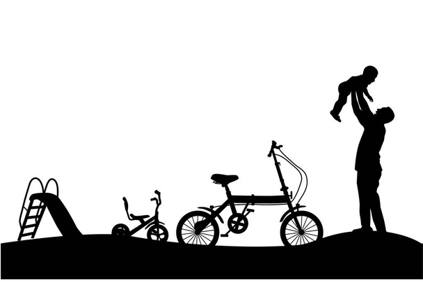 Silhouette de père Amusez-vous avec ses enfants, toboggan, tricycle et vélo pliant au parc  - Vecteur, image