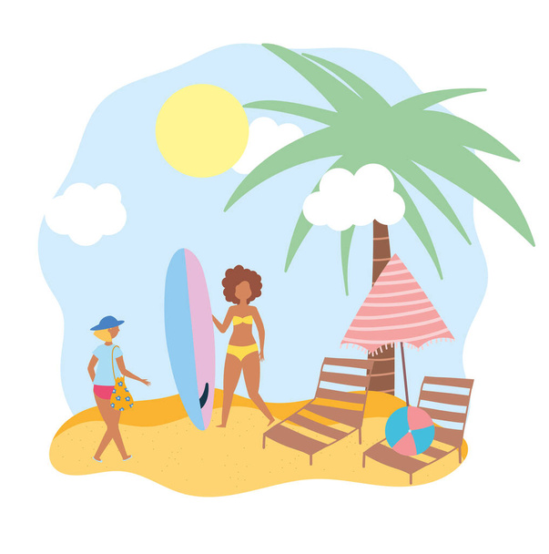summer people activities, women with surfboard chairs and umbrella, seashore relaxing and performing leisure outdoor - Vector, Image