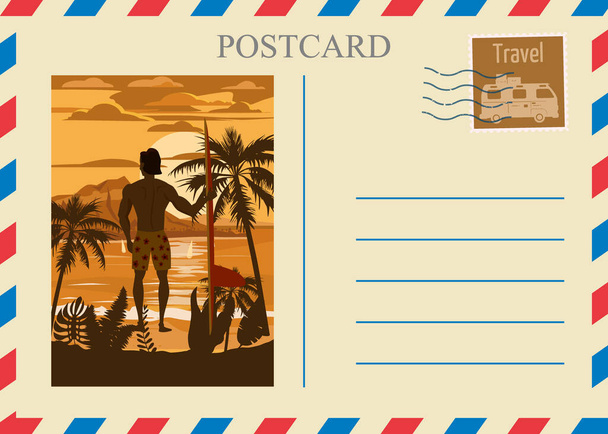Postacrd lato vintage surfer ocean na plaży. Wakacyjna wizytówka z pieczątką pocztową. Ilustracja wektora odizolowany szablon - Wektor, obraz