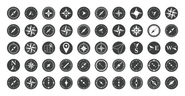 boussole rose navigation cartographie voyage explorer équipement icônes ensemble silhouette design icône - Vecteur, image