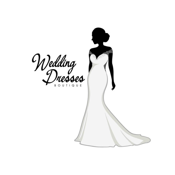 Piękna panna młoda z suknią brokatową, logo butiku ślubnego, suknia ślubna Logo Vector Design szablon - Wektor, obraz