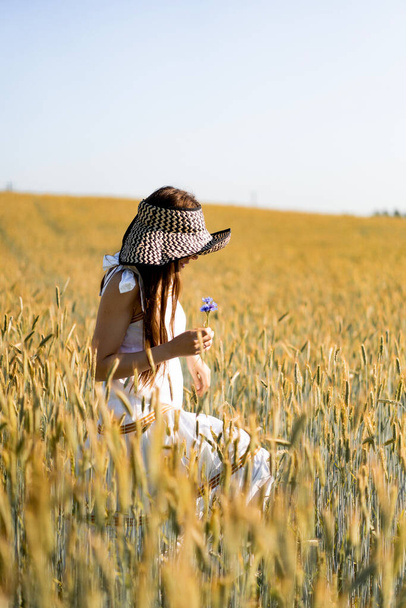 young beautiful woman with long hair in a white dress and hat among the yellow field of rye and wheat. - Valokuva, kuva