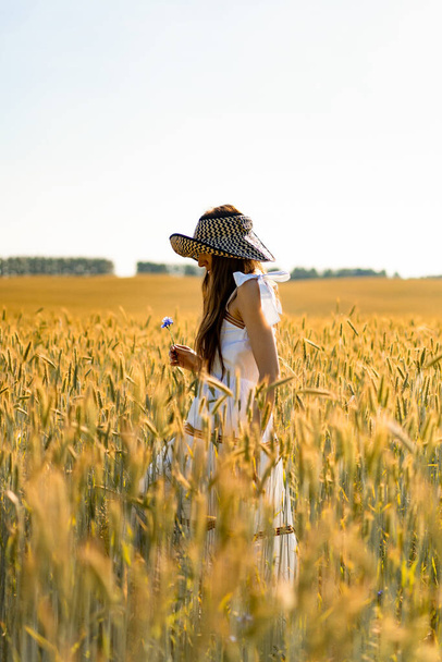 young beautiful woman with long hair in a white dress and hat among the yellow field of rye and wheat. - Fotó, kép