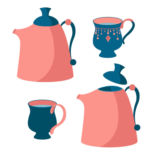 Coral kettle with blue lid. Water in a mug. Tea set. Beautiful mug. Porcelain product. Tea set.  - Vektor, kép