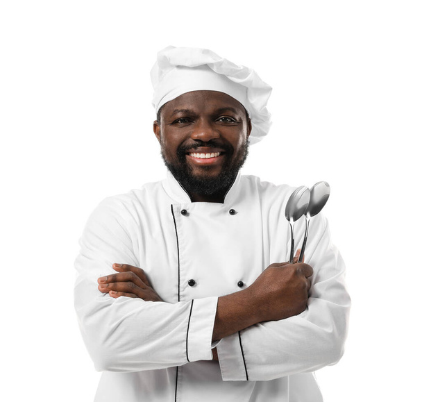 Male African-American chef on white background - Foto, Imagen