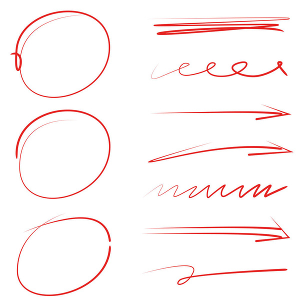 czerwony okrągły zestaw znaczników i ręcznie rysowana linia do oznaczania tekstu - Wektor, obraz