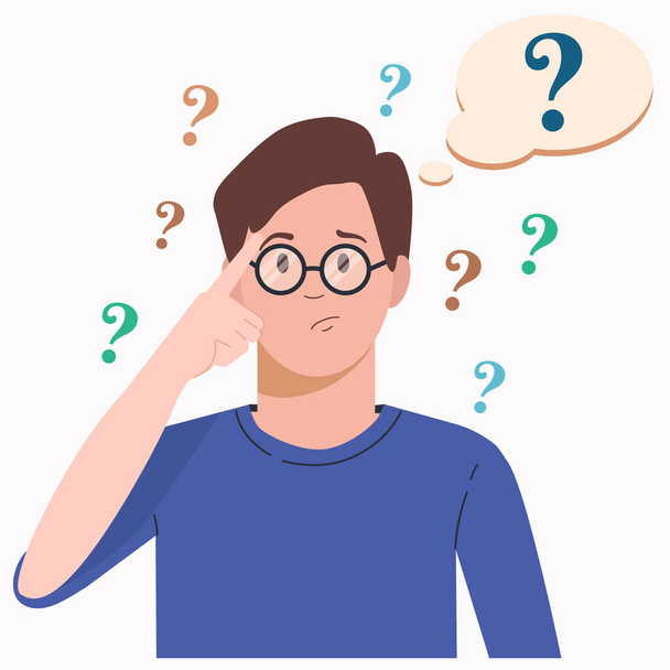 Portrait of young man woman. Boy with question mark in think bubble. People thinking or solving problem. Dilemma vector flat cartoon concept illustration. - Vector, Image