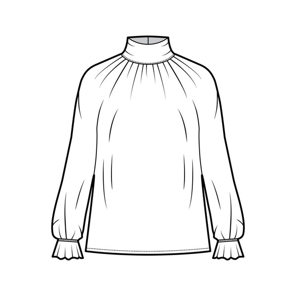 Блузка з черепашками технічна модна ілюстрація з довгими рукавами, манжетами зі скрученими поплавками, негабаритним тілом
.  - Вектор, зображення
