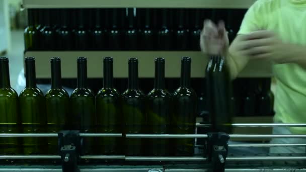 Förderband mit Weinflaschen in der Weinfabrik. Weißweinproduktion, Flaschenpalette - Filmmaterial, Video