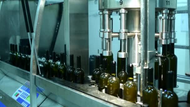 Şarap fabrikasında şarap şişeleri, beyaz şarap şişeleme... - Video, Çekim