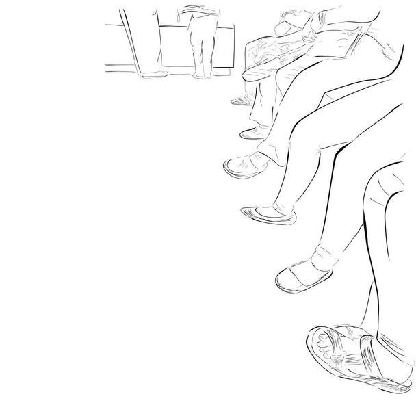 Egyszerű kézi rajz vázlat lábak sorban ülő emberek beltéri ügyfélszolgálat - Vektor, kép