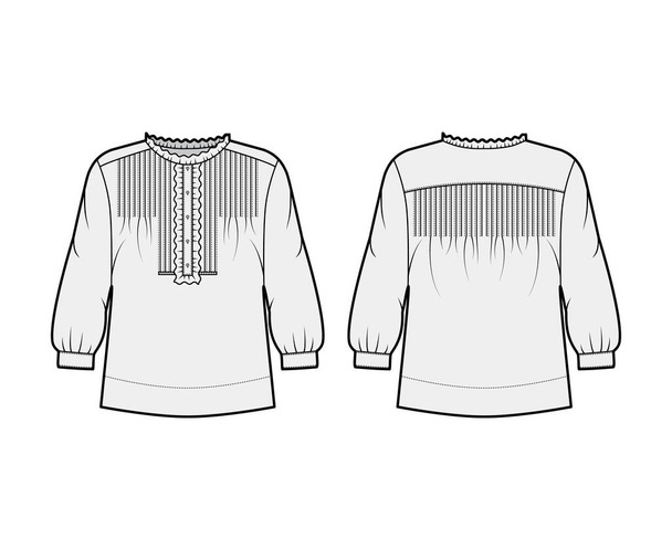 Ilustración técnica de la moda de la camisa con el cuerpo sobredimensionado, sujeciones ocultas del botón a lo largo del frente, volantes delicados
 - Vector, Imagen