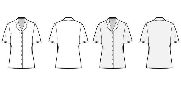 Chemisier de style pyjama illustration de mode technique avec col revers crantés, manches courtes, corps ample. - Vecteur, image