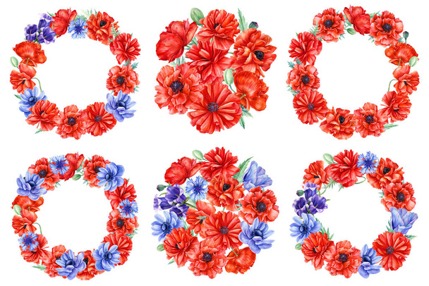 Set of compositions, flowers wreath, anemone, poppy, cornflower, watercolor flora - Photo, Image