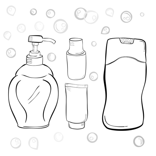 Simples desenho à mão esboço em branco sabão líquido, xampu, lavagem bucal, pasta de dentes, gota de água e bolha
, - Vetor, Imagem