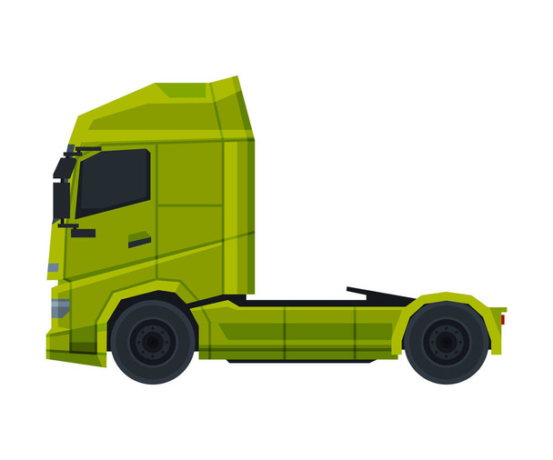 Zöld teherautó, modern nehéz szállító jármű, oldalnézet lapos vektor illusztráció fehér háttér - Vektor, kép