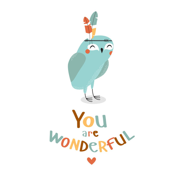 Print. vector poster with owl and phrase "you are beautiful" - Вектор,изображение