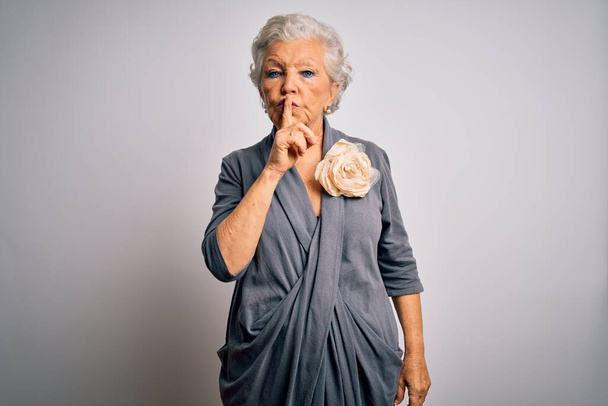 Senior beautiful grey-haired woman wearing casual dress standing over white background asking to be quiet with finger on lips. Silence and secret concept. - Фото, зображення