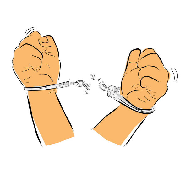 Simple Vector Hand Draw Sketch Flat Color, Ilustration für die Freiheit aus der Haft, Mann mit Handschellen - Vektor, Bild