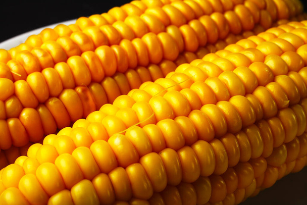 вареная кукуруза на белой тарелке, крупным планом, избирательный фокус
 - Фото, изображение