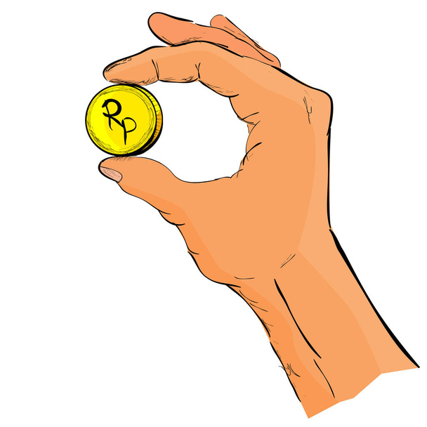 sketch of Hand Give or Holding Golden Rupiah coin - Vector, Image