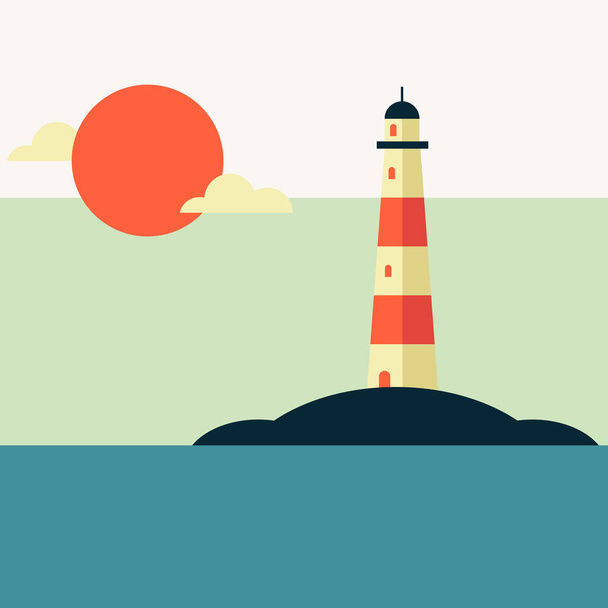 Leuchtturm flache Landschaft an der Küste bei Sonnenuntergang, mit Panoramablick auf das Meer, Silhouette von Segelboot oder Segelboot. Vektorillustration  - Vektor, Bild