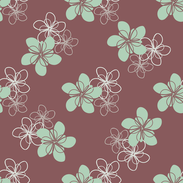 Grün weiße Vektorblumen nahtlosen Muster Hintergrund. Trios von mintfarbener Hand gezeichnet gefüllt und umreißt Blumen auf schokoladenbraunem Hintergrund. Botanisches Design. Überall Druck für Verpackung, Wellness - Vektor, Bild
