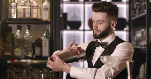 De barman mengt een drankje in een shaker. 4k - Video