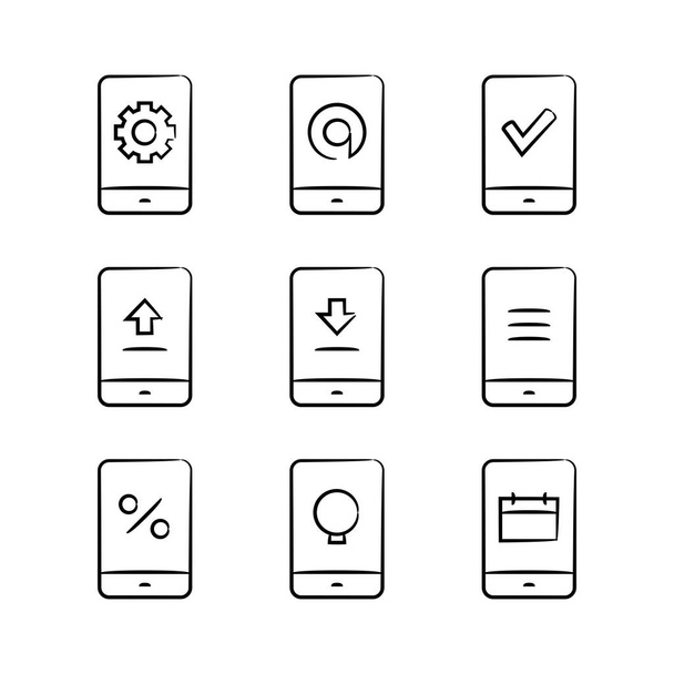 スマートフォンやユーザーインターフェースの手描きのアイコン - ベクター画像