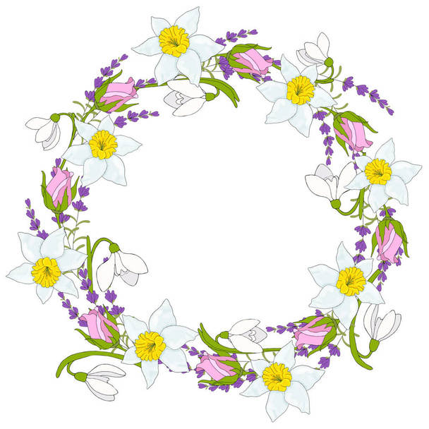 Gift wreath with daffodils, rose and lavender for celebrate holiday. Vector hand draw  Illustration EPS10 - Vetor, Imagem