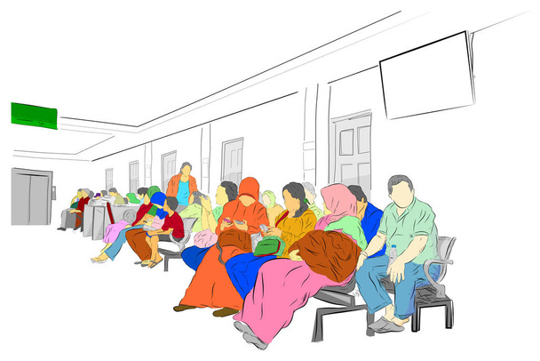 Απλό σχέδιο διάνυσμα, πολύχρωμα άτομα στην αίθουσα αναμονής στο νοσοκομείο - Διάνυσμα, εικόνα