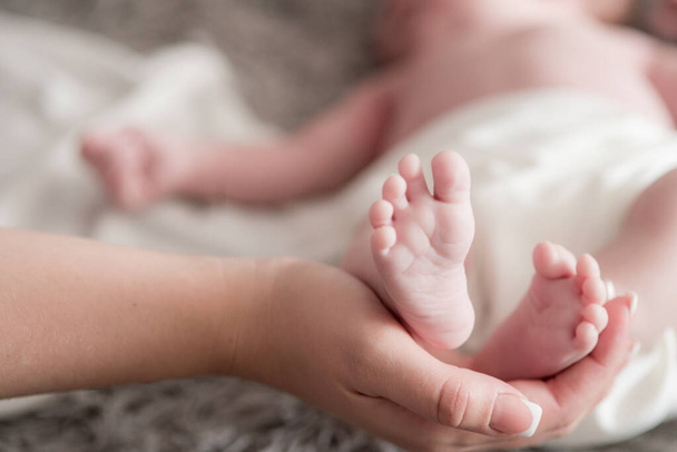 Maternal hands hold baby legs on the bed at home. Happy and healthy motherhood. Child care - 写真・画像