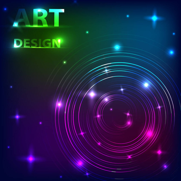 The effect of the magical shine of glowing neon rings on a dark background. Music design. Vector illustration. - Vector, Image