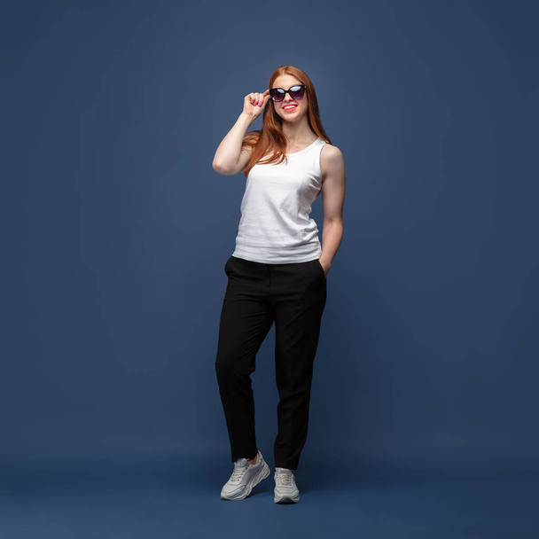 Young caucasian woman in casual wear. Bodypositive female character, plus size businesswoman - 写真・画像