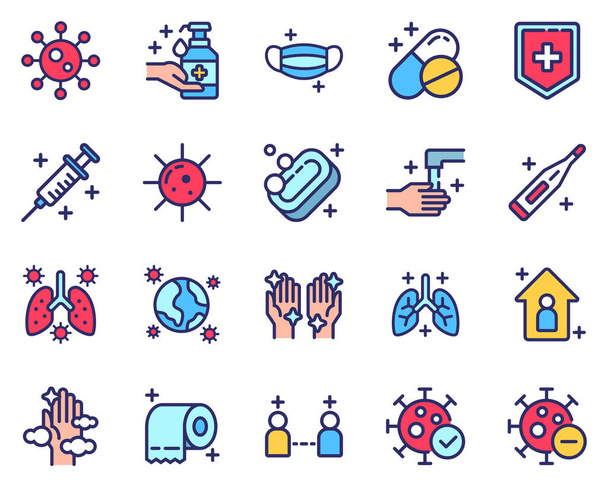 Set von Coronavirus, medizinischen und krankheitssymbolischen Vektorillustrationen für Web, Landing Page, Aufkleber und Hintergrund - Vektor, Bild