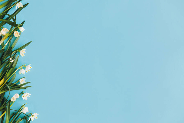 Borda moderna floral de flores frescas da primavera com espaço de cópia. Olá primavera. Flores brancas em azul flat lay. Cartão de felicitações elegante. Feliz conceito do dia das mulheres. Feliz dia das mães. Floco de neve de primavera
 - Foto, Imagem