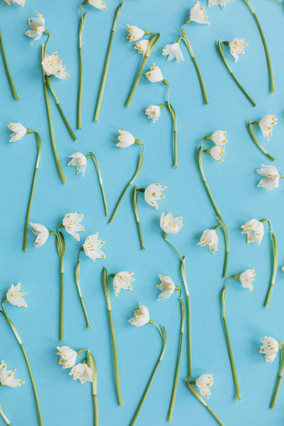 Patrón de moda floral. Flores de primavera blancas en la puesta plana azul. Hola primavera. Tarjeta de felicitación con estilo. Feliz concepto del día de las mujeres. Feliz día de las madres. Copo de nieve de primavera
 - Foto, Imagen