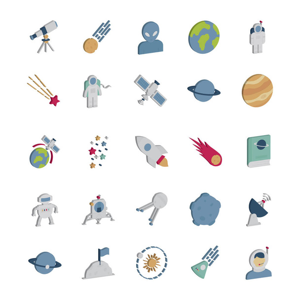 Space and Planets Isolated Vector icons set every single icons can be easily modified or edit this set consist with Collision, comet, Alien, fiction, science, ship, ufo, screen, Communication, radio, tower, Electricity, orientation and planets icons - Vector, Image