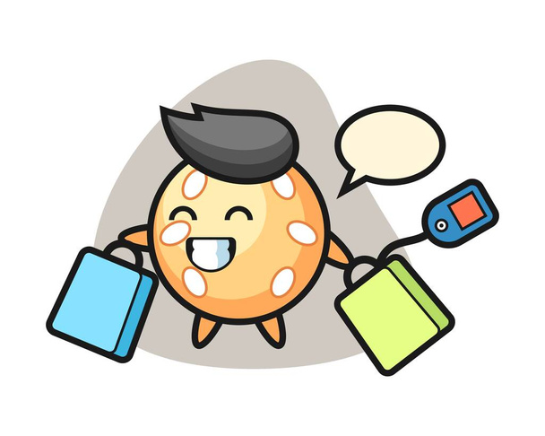 Sezamová koule karikatura držící nákupní tašku - Vektor, obrázek